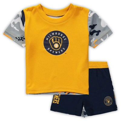 Outerstuff Babies' Newborn And Infant Boys And Girls Gold, Navy Milwaukee Brewers Pinch Hitter T-shirt And Shorts Set In Gold,navy