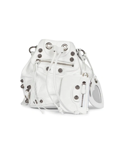 Balenciaga 'le Cagole Xs' Studded Crinkled-leather Bucket Bag In White