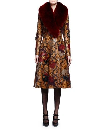 Alexander Mcqueen Fur-collar Python-embossed Leather Coat,  Tobacco/multi/ginger In Tobacco/mult/ging | ModeSens