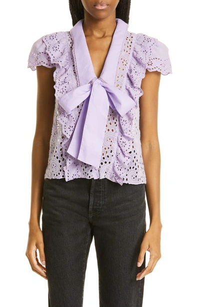 Alice And Olivia Delisa Bow Front Eyelet Blouse In Lavender