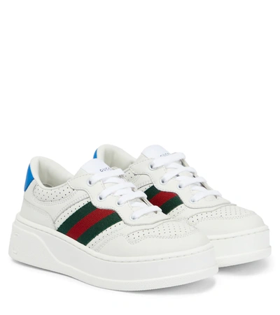 Gucci Kids Leather Web Stripe Sneakers In White/comb