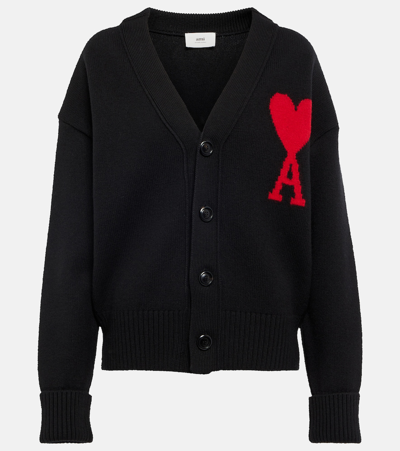 Ami Alexandre Mattiussi Oversize Ami De Coeur V-neck Cardigan In Black