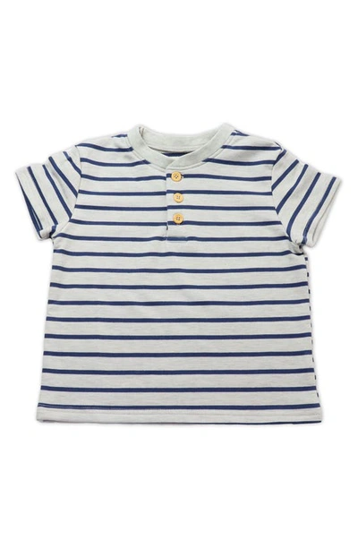 Thoughtfully Hooded Babies' Stripe Short Sleeve Henley & Two Hoods Set In Blue And Heather Grey Stripe