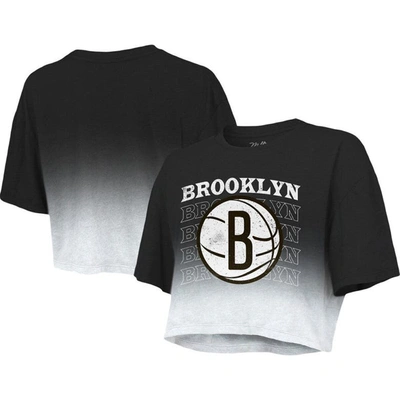 Majestic Women's  Threads Black And White Brooklyn Nets Repeat Dip-dye Cropped T-shirt In Black,white