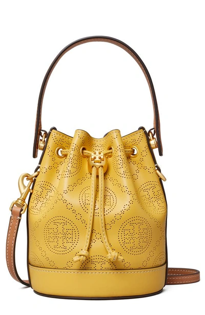 Tory Burch T Monogram Perforated Leather Mini Bucket Bag In Golden Sunset