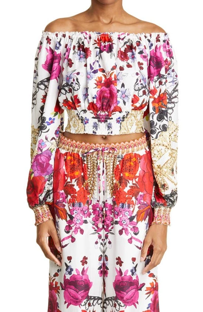 Camilla Rose Print Shirred Waist Silk Off The Shoulder Blouse In Reign Of Roses