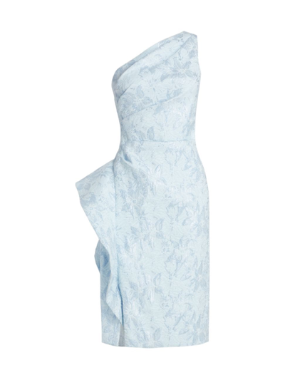 Teri Jon By Rickie Freeman One-shoulder Jacquard Rouched Side-peplum Dress In Light Blue