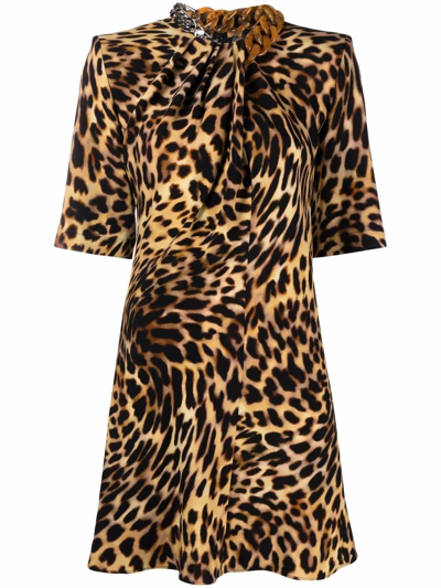 Stella Mccartney Cheetah Mini Dress In Tortoiseshell Cotton With Falabella Chain In Black