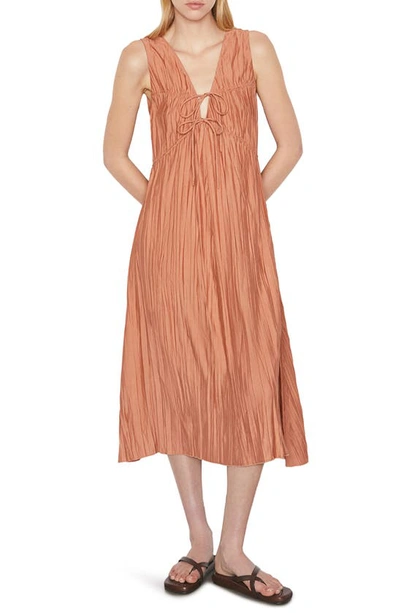 Frame Cinched V-neck Crinkled Midi Dress In Terracotta
