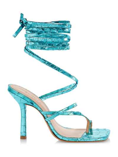 Schutz Lily Croc-embossed Metallic Leather Ankle-wrap Sandals In Turquoise
