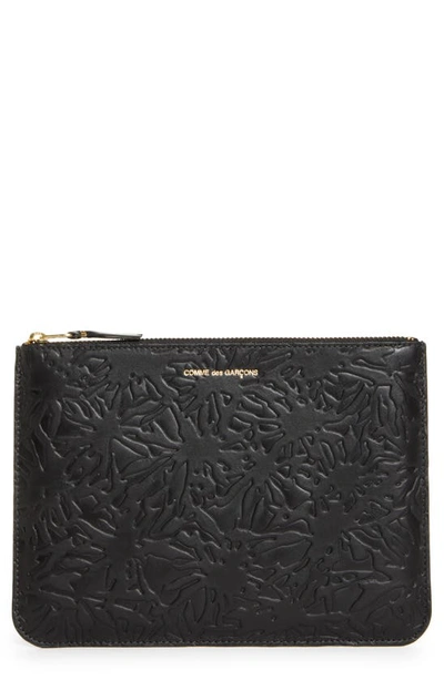 Comme Des Garçons Large Forest Embossed Leather Zip Pouch In Black