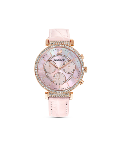 Swarovski Passage Chrono Pink Leather Strap Watch, 9.52 Mm In Gold Tone / Mop / Mother Of Pearl / Pink / Rose / Rose Gold Tone