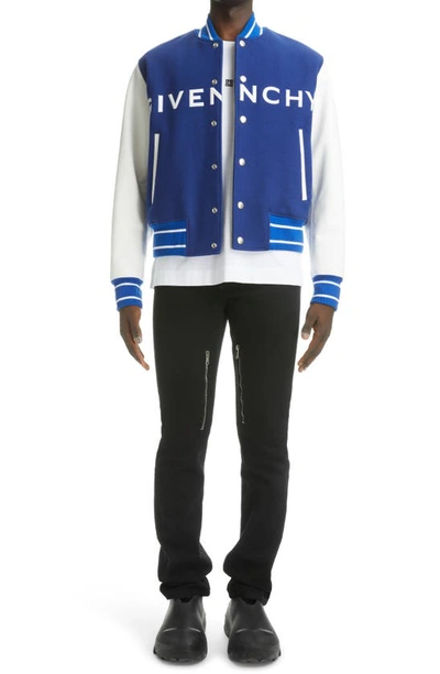 Givenchy Mixed Media Logo Wool Blend Varsity Jacket In White And Blue