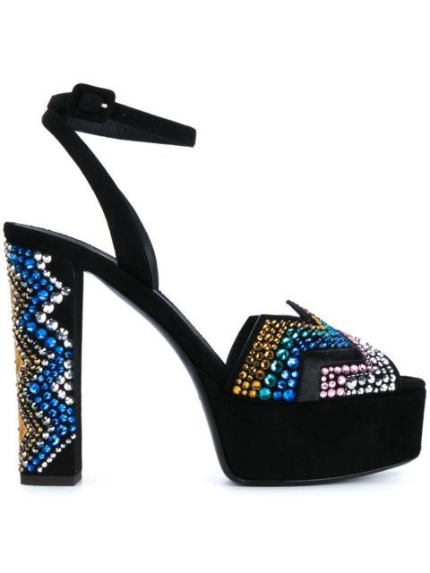 Crystal Embellished Zigzag Suede Sandal, Black Crystal Embellished Zigzag Suede Sandal, Black