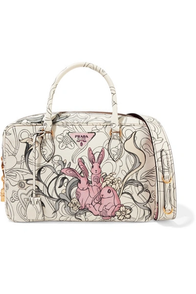 Prada Bauletto Printed Textured-leather Tote In Ivory