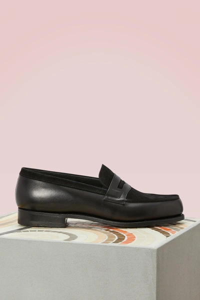 Jm Weston Dual Material Velvet And Box Leather Loafers In Black