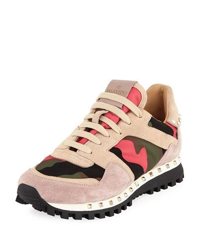 Valentino Garavani Rockstud Camo Trainer Sneaker In Pink/ Army Green