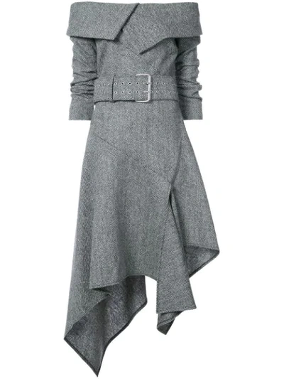 Monse Woman Asymmetric Off-the-shoulder Herringbone Wool Midi Dress Gray In Black
