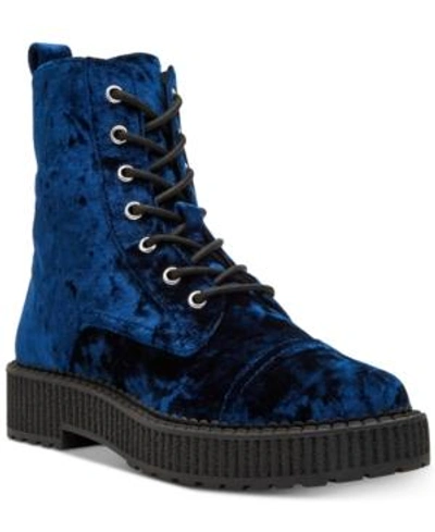 Katy Perry Gia Velvet Combat Booties Women's Shoes In Navy Crushed Velvet