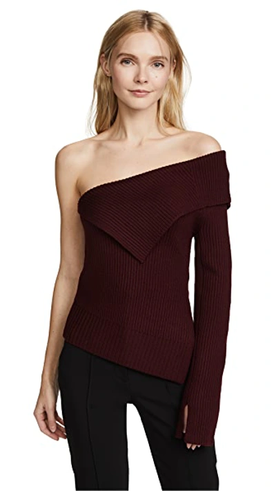 Theory Off-the-shoulder One-sleeve Harmony Wool Knit Sweater In Garnet