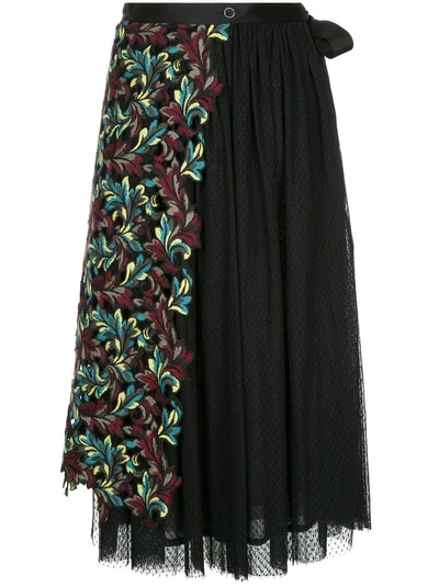Antonio Marras Pleated Skirt With Embroidered Floral Panel - Black