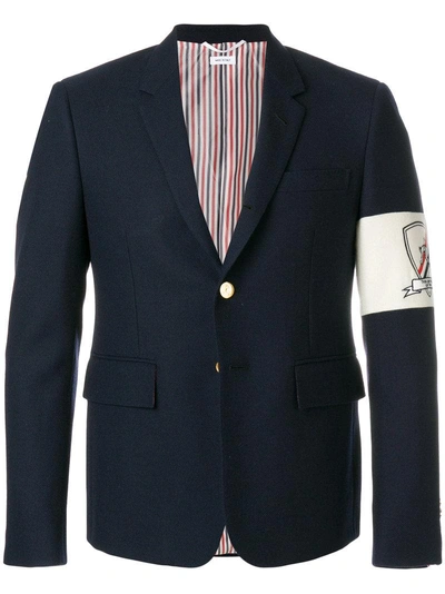 Thom Browne High Armhole Single Breasted Sport Coat With Embroidery Patch Armband In Navy Canvas Suiting