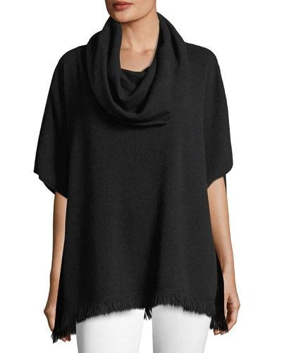 Neiman Marcus Fringe-trimmed Cowl-neck Cashmere Poncho In Black