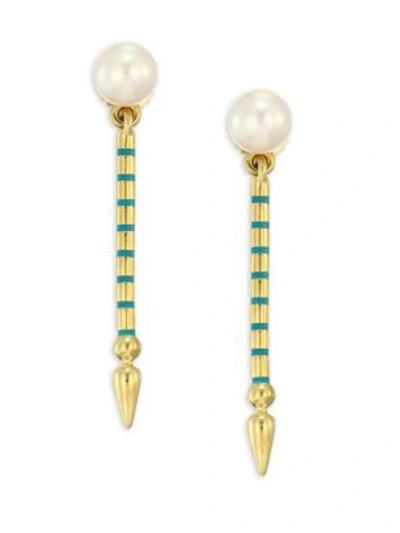 Sarah Hendler Shirley White Pearl & 18k Yellow Gold Single Spear Drop Earrings In Gold Multi