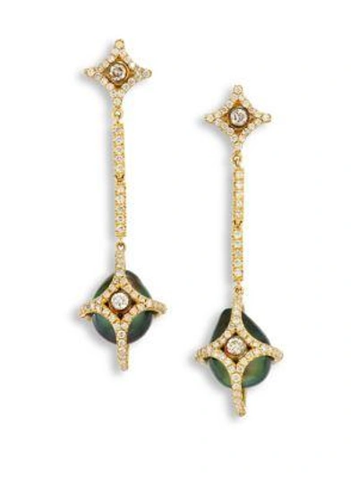 Jordan Alexander Diamond, 10mm Tahitian Pearl & 18k Yellow Gold Caged Drop Earrings In Gold-green