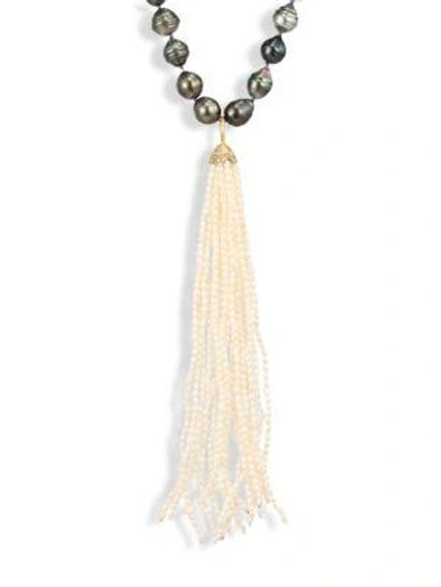 Jordan Alexander 2mm White Seed Pearl, Diamond & 18k Yellow Gold Tassel In Ivory