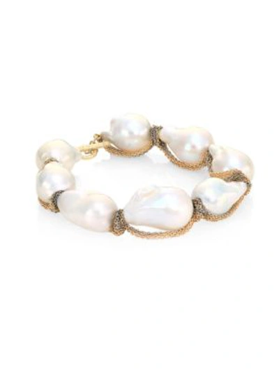 Jordan Alexander 15mm White Baroque Freshwater Pearl & 18k Tri-tone Gold Bracelet In Gold White