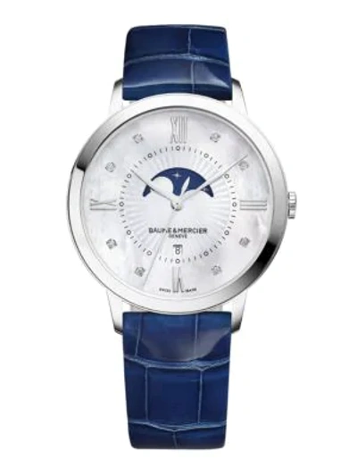 Baume & Mercier Women's Classima Moonphase Diamond, Mother-of-pearl, Stainless Steel & Patent Alligator Strap Watch In White/blue
