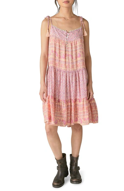 Lucky Brand Mix Print Tiered Cotton Blend Sundress In Peach Multi