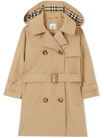 Burberry Kids' Pleat Detail Hooded Trench Coat In Neutrals