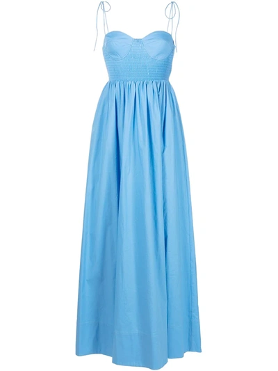 Staud Landrey Shirred Cotton-blend Maxi Dress In Blue