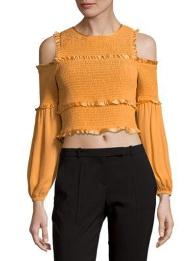 Cinq À Sept Pascal Smocked Cold-shoulder Silk Cropped Top In Sienna