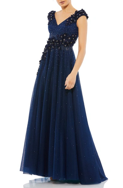 Mac Duggal Floral Appliqué A-line Gown In Midnight
