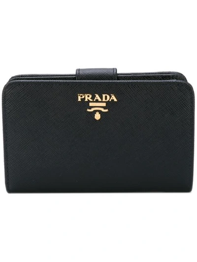 Prada Compact Zip-around Saffiano Leather Wallet In F0002 Black
