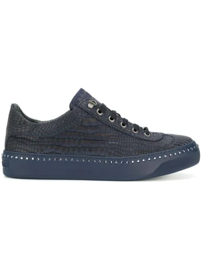 Jimmy Choo Ace Navy Crocodile Printed Nubuck Leather Low Top Trainers With Navy Crystals In Blue