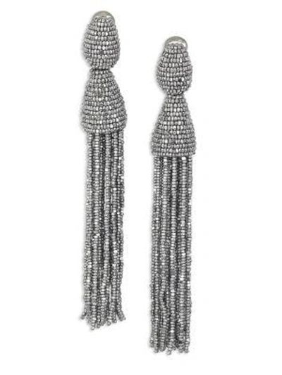 Oscar De La Renta Long Beaded Tassel Clip-on Earrings In Silver