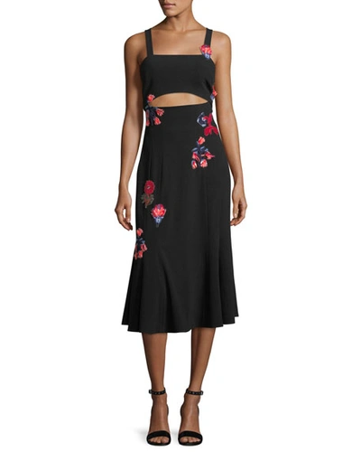 Tanya Taylor Designs Olivia Sleeveless Floral-embroidered Crepe Midi Dress In Black