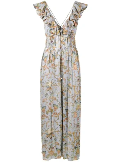 Zimmermann Painted Heart Damask-print Plunging Wide-leg Jumpsuit In Blue
