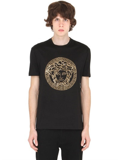 Versace Slim Rhinestones Medusa Cotton T-shirt, Black/gold | ModeSens