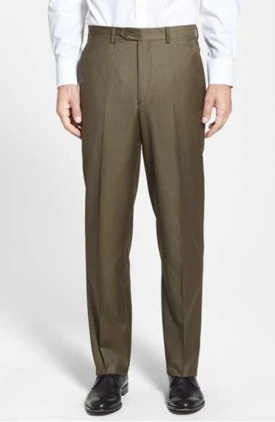 Santorelli Luxury Flat Front Wool Trousers In Olive