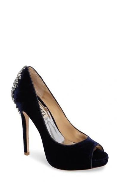 Badgley Mischka 'kiara' Crystal Back Open Toe Pump In Navy Velvet Fabric