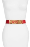 Moschino Logo Leather Belt In Red/ Gold
