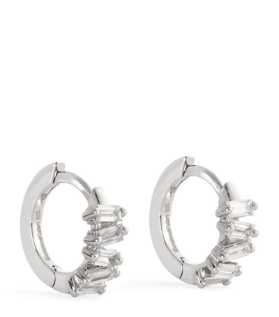 Suzanne Kalan 18k White Gold Diamond Thin Huggie Hoop Earrings In Silver