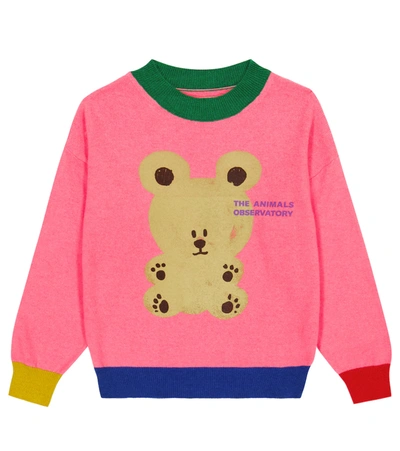 The Animals Observatory Kids' Bear Printed Wool Tricot Knit Sweater In Fuchsia