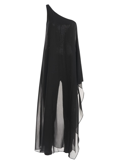 Halston Kel One-shoulder Layered Chiffon And Sequined Mesh Jumpsuit In Black