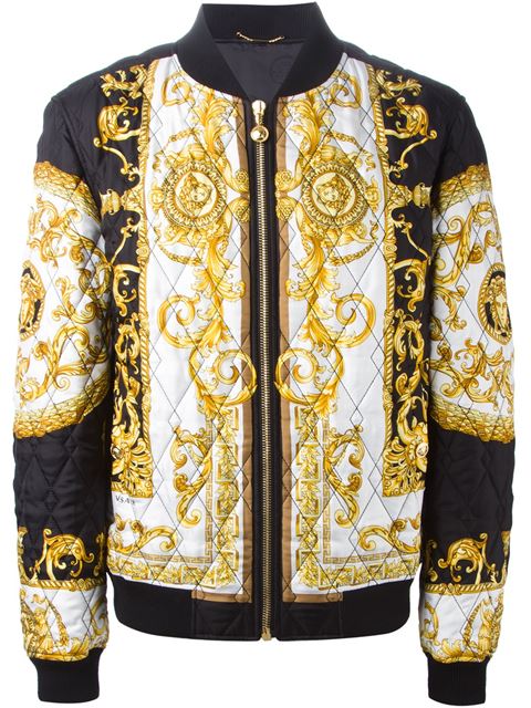 Versace Black & Gold Baroque Print Bomber Jacket In White | ModeSens